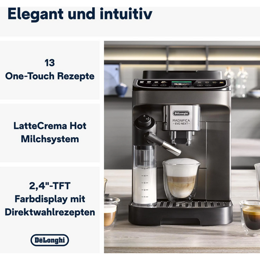 DE LONGHI Magnifica Evo Next ECAM310.80.SB Kaffeevollautomat (Silber/Schwarz, Edelstahlmahlwerk mit 13 einstellbaren Mahlgraden, 15 bar, externer Milchbehälter)