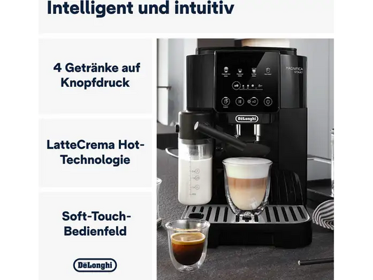 DE LONGHI Magnifica Start Milk ECAM220.60.B Kaffeevollautomat (Schwarz, integriertes Mahlwerk, 15 bar, externer Milchbehälter)