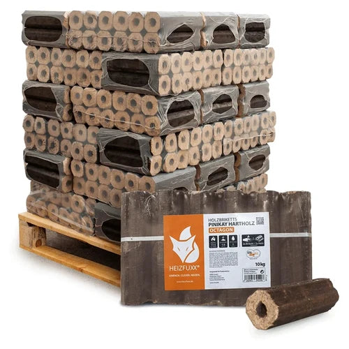 Heizfuxx PiniKay Octagon Hartholz-Holzbriketts – 300 kg Palette (30 Gebinde x 10 kg)