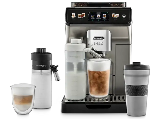 DE LONGHI Eletta Explore Cold Brew ECAM450.86.T Kaffeevollautomat (Titan, Kegelmahlwerk, 19 bar, externer Milchbehälter)