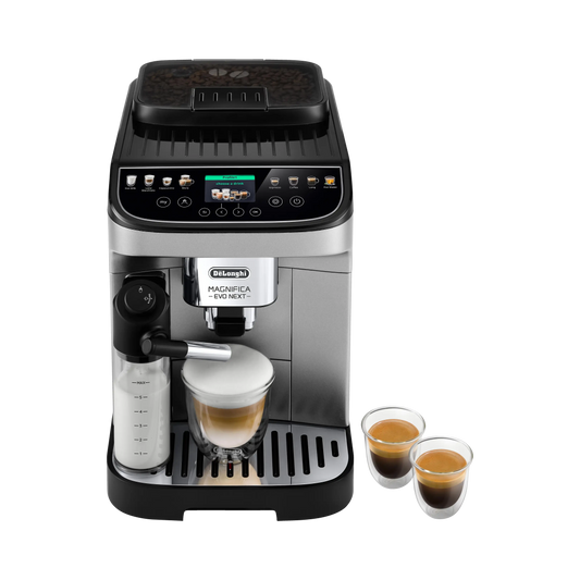 DE LONGHI Magnifica Evo Next ECAM310.80.SB Kaffeevollautomat (Silber/Schwarz, Edelstahlmahlwerk mit 13 einstellbaren Mahlgraden, 15 bar, externer Milchbehälter)